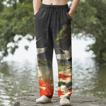 Buddha Stones Cotton Crane Pine Temple Landscape Pattern Men's Tapered Pants With Pockets