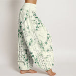 Buddha Stones Pure Cotton Bamboo Leaf Calligraphy Pattern Women's Elastic Waist Harem Pants