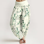 Buddha Stones Pure Cotton Bamboo Leaf Calligraphy Pattern Women's Elastic Waist Harem Pants