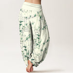 Buddha Stones Pure Cotton Bamboo Leaf Calligraphy Pattern Women's Elastic Waist Harem Pants
