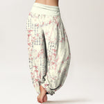 Buddha Stones Pure Cotton Bamboo Leaf Calligraphy Pattern Women's Elastic Waist Harem Pants