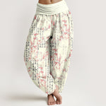Buddha Stones Pure Cotton Bamboo Leaf Calligraphy Pattern Women's Elastic Waist Harem Pants