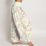 Buddha Stones Pure Cotton Bamboo Leaf Calligraphy Pattern Women's Elastic Waist Harem Pants