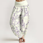 Buddha Stones Pure Cotton Bamboo Leaf Calligraphy Pattern Women's Elastic Waist Harem Pants
