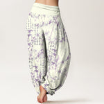 Buddha Stones Pure Cotton Bamboo Leaf Calligraphy Pattern Women's Elastic Waist Harem Pants