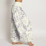 Buddha Stones Pure Cotton Bamboo Leaf Calligraphy Pattern Women's Elastic Waist Harem Pants
