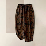 Buddha Stones Pure Cotton Black Botanical Leaf Pattern Women's Elastic Waist Pants With Pockets