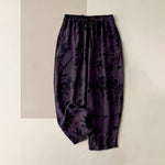 Buddha Stones Pure Cotton Black Botanical Leaf Pattern Women's Elastic Waist Pants With Pockets