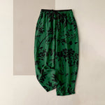 Buddha Stones Pure Cotton Black Botanical Leaf Pattern Women's Elastic Waist Pants With Pockets