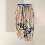 Buddha Stones Pure Cotton Oriental Crane Fan Pattern Women's Elastic Waist Pants With Pockets