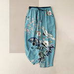 Buddha Stones Pure Cotton Oriental Crane Fan Pattern Women's Elastic Waist Pants With Pockets