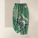 Buddha Stones Pure Cotton Oriental Crane Fan Pattern Women's Elastic Waist Pants With Pockets