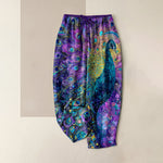 Buddha Stones Pure Cotton Peacock Feather Pattern Women's Elastic Waist Pants With Pockets