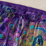 Buddha Stones Pure Cotton Peacock Feather Pattern Women's Elastic Waist Pants With Pockets