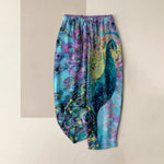 Buddha Stones Pure Cotton Peacock Feather Pattern Women's Elastic Waist Pants With Pockets