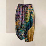 Buddha Stones Pure Cotton Peacock Feather Pattern Women's Elastic Waist Pants With Pockets