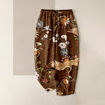 Buddha Stones Pure Cotton White Crane Floral Medallion Pattern Women's Elastic Waist Pants With Pockets