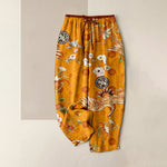 Buddha Stones Pure Cotton White Crane Floral Medallion Pattern Women's Elastic Waist Pants With Pockets