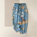 Buddha Stones Pure Cotton White Crane Floral Medallion Pattern Women's Elastic Waist Pants With Pockets