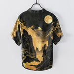 Buddha Stones Cotton Golden Moon Landscape Pattern Men's Short Sleeve Half Button Shirt