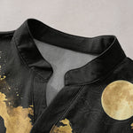 Buddha Stones Cotton Golden Moon Landscape Pattern Men's Short Sleeve Half Button Shirt