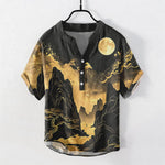 Buddha Stones Cotton Golden Moon Landscape Pattern Men's Short Sleeve Half Button Shirt