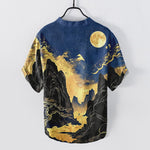 Buddha Stones Cotton Golden Moon Landscape Pattern Men's Short Sleeve Half Button Shirt