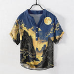 Buddha Stones Cotton Golden Moon Landscape Pattern Men's Short Sleeve Half Button Shirt