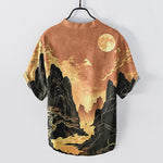 Buddha Stones Cotton Golden Moon Landscape Pattern Men's Short Sleeve Half Button Shirt