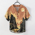 Buddha Stones Cotton Golden Moon Landscape Pattern Men's Short Sleeve Half Button Shirt