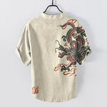 Buddha Stones Cotton Black Red Dragon Pattern Men's Short Sleeve Half Button Shirt