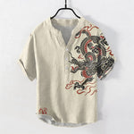 Buddha Stones Cotton Black Red Dragon Pattern Men's Short Sleeve Half Button Shirt