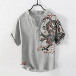 Buddha Stones Cotton Black Red Dragon Pattern Men's Short Sleeve Half Button Shirt
