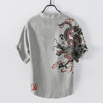 Buddha Stones Cotton Black Red Dragon Pattern Men's Short Sleeve Half Button Shirt