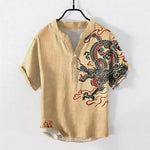 Buddha Stones Cotton Black Red Dragon Pattern Men's Short Sleeve Half Button Shirt