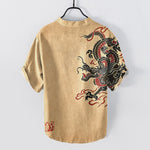 Buddha Stones Cotton Black Red Dragon Pattern Men's Short Sleeve Half Button Shirt