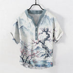 Buddha Stones Cotton Ink Wash Mountain Plum Pattern Half Button Men's Short Sleeve  Shirt