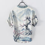 Buddha Stones Cotton Ink Wash Mountain Plum Pattern Half Button Men's Short Sleeve  Shirt