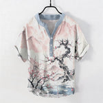 Buddha Stones Cotton Ink Wash Mountain Plum Pattern Half Button Men's Short Sleeve  Shirt