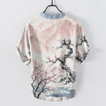 Buddha Stones Cotton Ink Wash Mountain Plum Pattern Half Button Men's Short Sleeve  Shirt