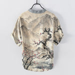 Buddha Stones Cotton Ink Wash Mountain Plum Pattern Half Button Men's Short Sleeve  Shirt