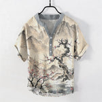 Buddha Stones Cotton Ink Wash Mountain Plum Pattern Half Button Men's Short Sleeve  Shirt