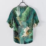 Buddha Stones Cotton Oriental Ink Landscape Pattern Men's Short Sleeve Half Button Shirt