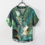 Buddha Stones Cotton Oriental Ink Landscape Pattern Men's Short Sleeve Half Button Shirt