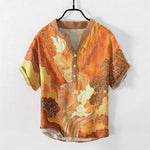 Buddha Stones Cotton Oriental Ink Landscape Pattern Men's Short Sleeve Half Button Shirt