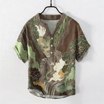 Buddha Stones Cotton Oriental Ink Landscape Pattern Men's Short Sleeve Half Button Shirt