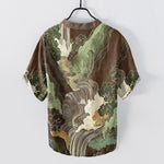 Buddha Stones Cotton Oriental Ink Landscape Pattern Men's Short Sleeve Half Button Shirt