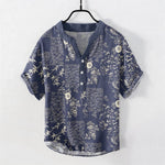 Buddha Stones Cotton Bamboo Floral Patchwork Pattern Men's Short Sleeve Half Button Shirt
