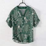 Buddha Stones Cotton Bamboo Floral Patchwork Pattern Men's Short Sleeve Half Button Shirt