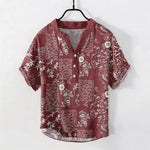 Buddha Stones Cotton Bamboo Floral Patchwork Pattern Men's Short Sleeve Half Button Shirt